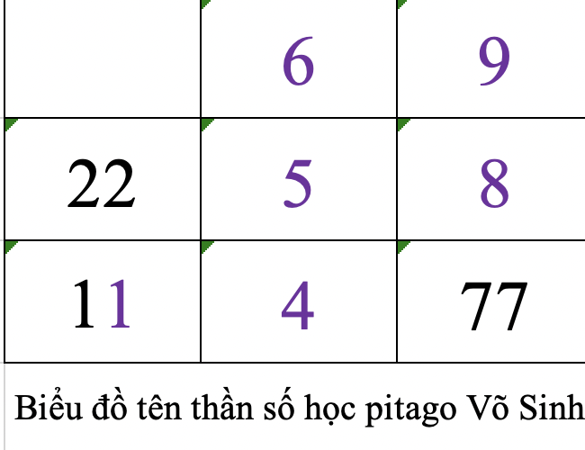 Biểu đồ tên thần số học pitago Võ Sinh