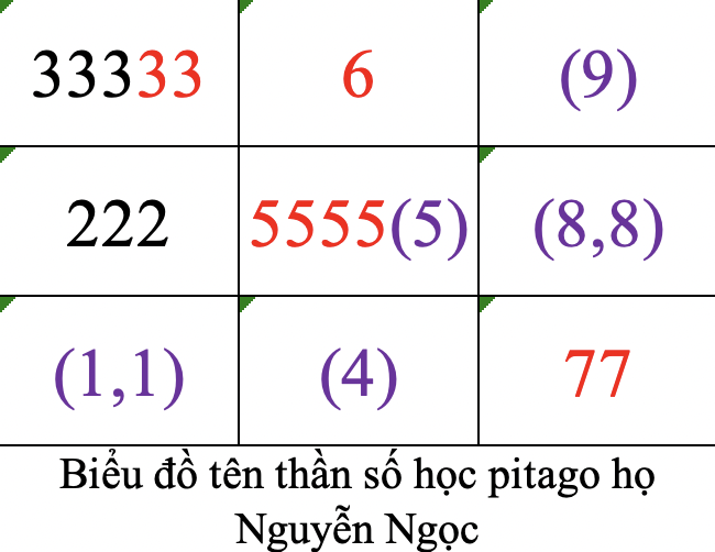 Biểu đồ tên thần số học pitago họ Nguyễn Ngọc