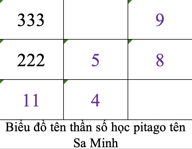 Biểu đồ tên thần số học pitago tên Sa Minh