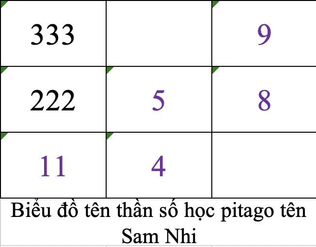 Biểu đồ tên thần số học pitago Sam Nhi