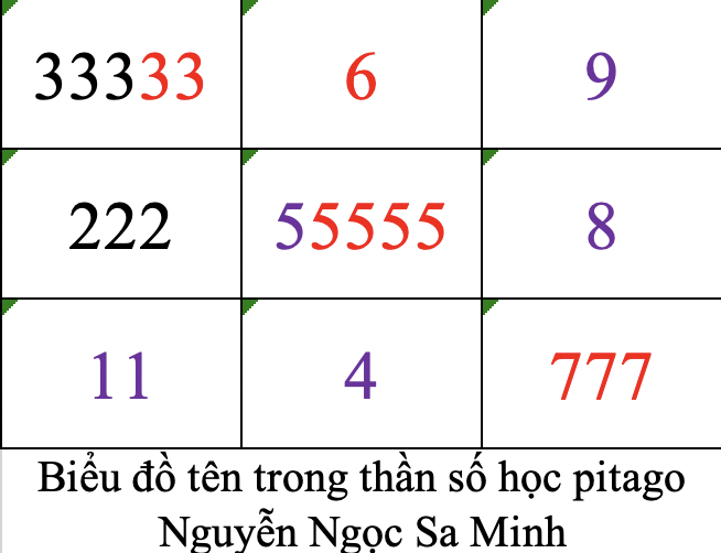 Biểu đồ tên trong thần số học pitago tên Nguyễn Ngọc Sa Minh		